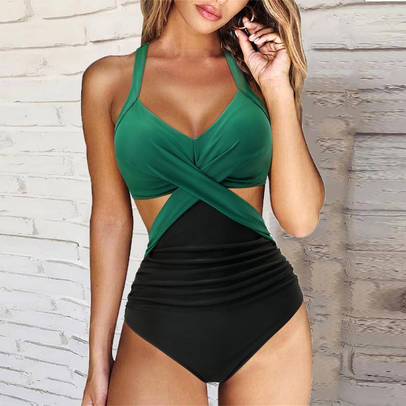 Einteiliger Tankini-Badeanzug, Neckholder, Übergröße, Brasilien, Strand, Push-up-Badeanzug, hoher Taillen-Body, Monokini-Bikini XXL schwarz/grün von Joom DACH
