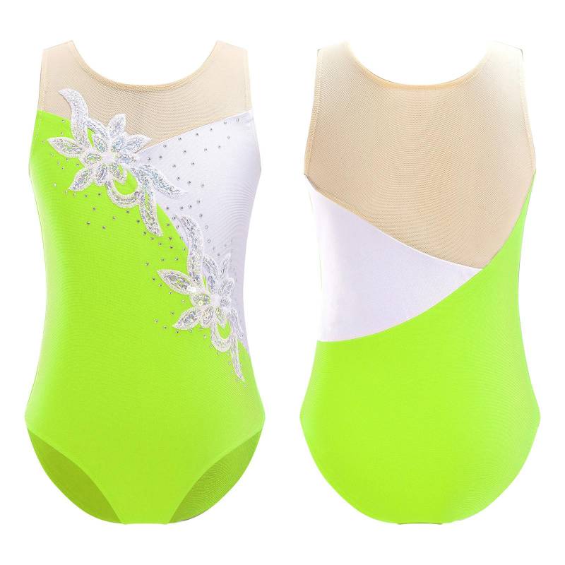 Einteiliges Mädchen-Gymnastik-Trainingstrikot, Netz-Patchwork-Stil, Tanzkleidung, Kinder-Skating-Body 7-8 Years fluoreszierende grün von Joom DACH