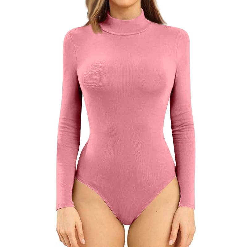 Einteiliges T-Shirt für Damen, schmal, lange Ärmel, halbhoher Halsausschnitt, einfarbig, Jumpsuit-Oberteil L rosa von Joom DACH