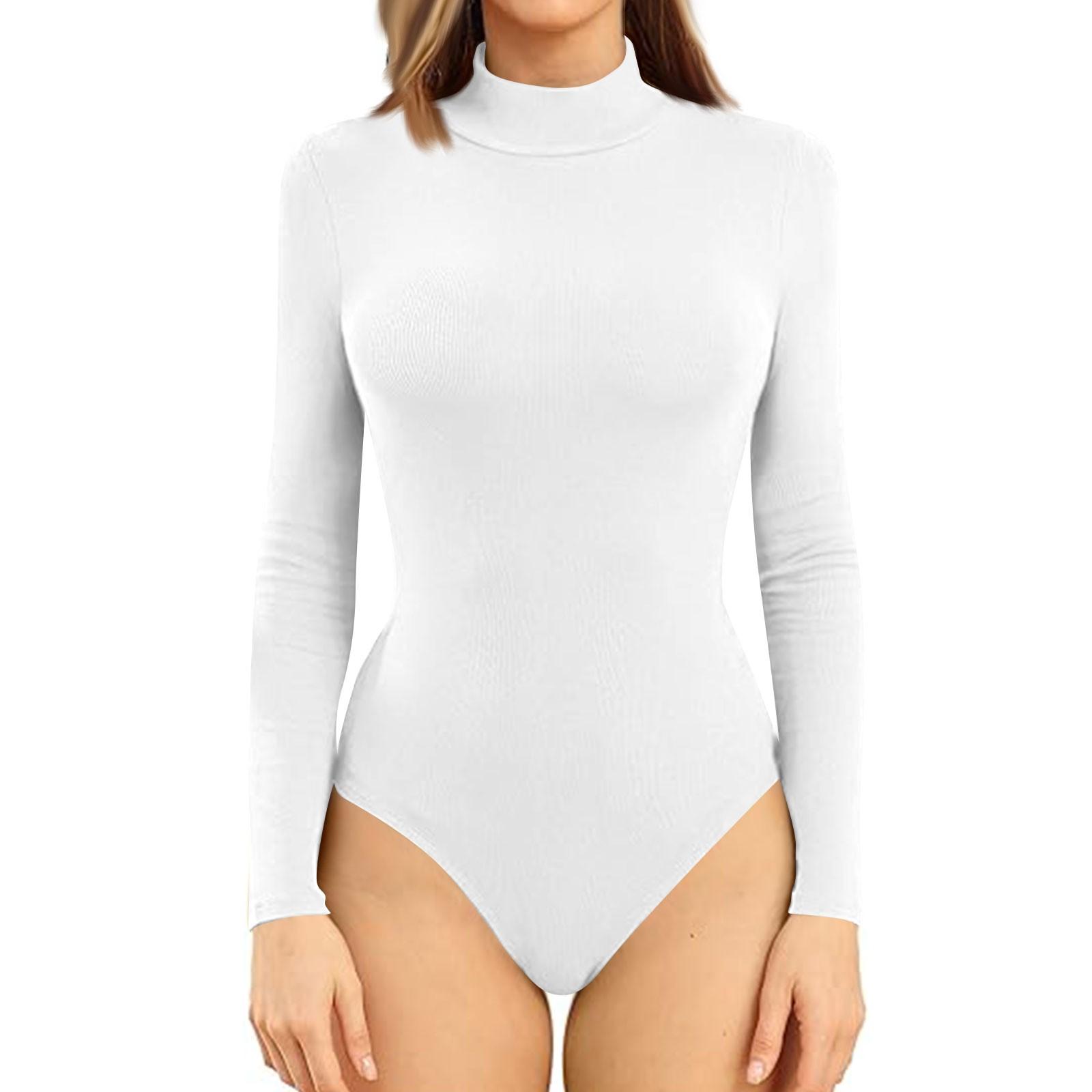 Einteiliges T-Shirt für Damen, schmal, lange Ärmel, halbhoher Halsausschnitt, einfarbig, Jumpsuit-Oberteil M weiß von Joom DACH