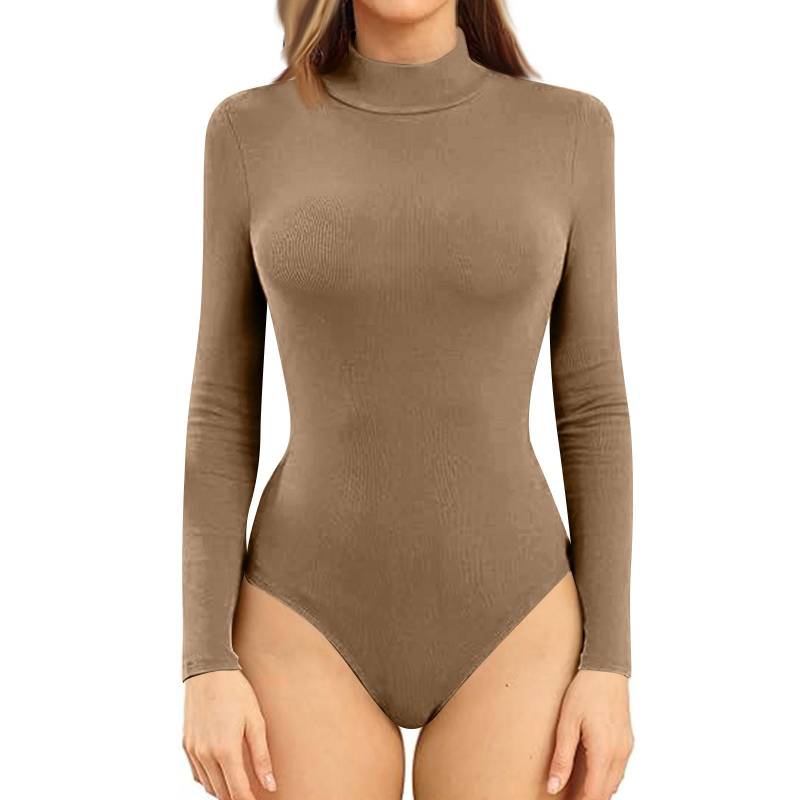 Einteiliges T-Shirt für Damen, schmal, lange Ärmel, halbhoher Halsausschnitt, einfarbig, Jumpsuit-Oberteil XXXL braun von Joom DACH