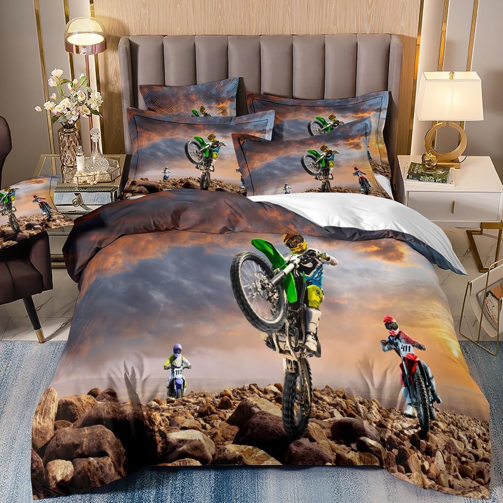 Einzelbettbezug-Set für Kinder Jungen Teenager Motorrad 3D Offroad Gedrucktes Bettwäsche-Set Bettbezug, Luxuriöse Schlafzimmerdekoration 100x135cm 2pcs&Duvet Cover von Joom DACH