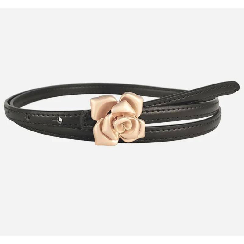 Einzigartige Rose Echtes Leder Gold Gürtel Frauen Mode Rindsleder Blume Dünne Gürtel Weibliche Jeans Kleid Bund 105CM schwarz von Joom DACH