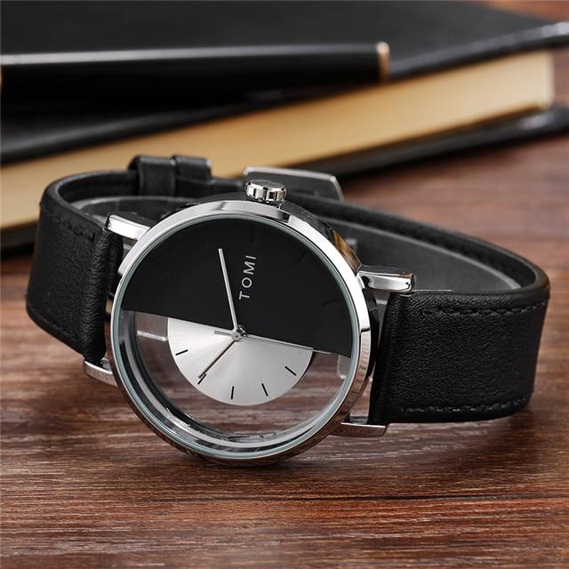 Einzigartige Uhr, kreative halbtransparente Unisex-Uhr für Männer, Frauen, Paare, Geek, stilvolle Leder-Armbanduhr, modische Quarzuhr schwarz/weiß von Joom DACH