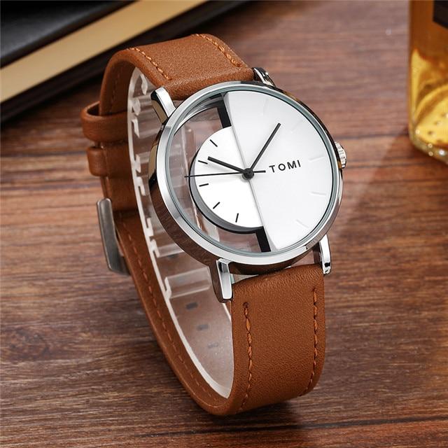 Einzigartige Uhr, kreative halbtransparente Unisex-Uhr für Männer, Frauen, Paare, Geek, stilvolle Leder-Armbanduhr, modische Quarzuhr braun/weiß von Joom DACH