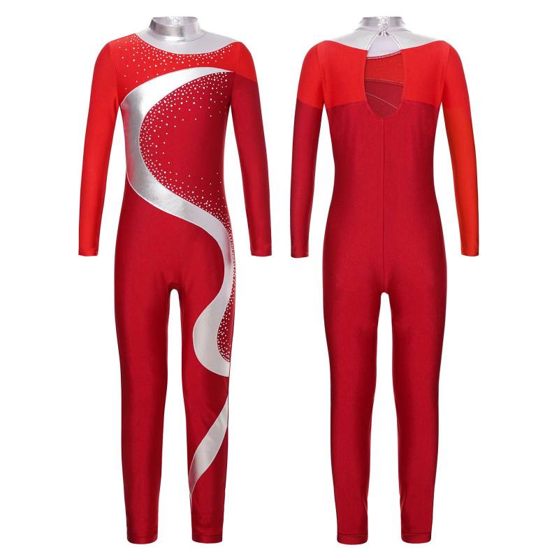 Eiskunstlauf Gymnastik Overall Kinder Mädchen Langarm Metallic Kontrast Farbe Trikot Body Ballett Tanz Kostüm 13-14 Years rot von Joom DACH