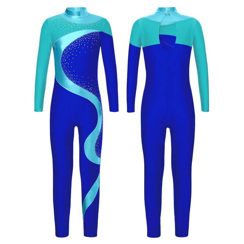 Eiskunstlauf Gymnastik Overall Kinder Mädchen Langarm Metallic Kontrast Farbe Trikot Body Ballett Tanz Kostüm 5-6 Years blau von Joom DACH