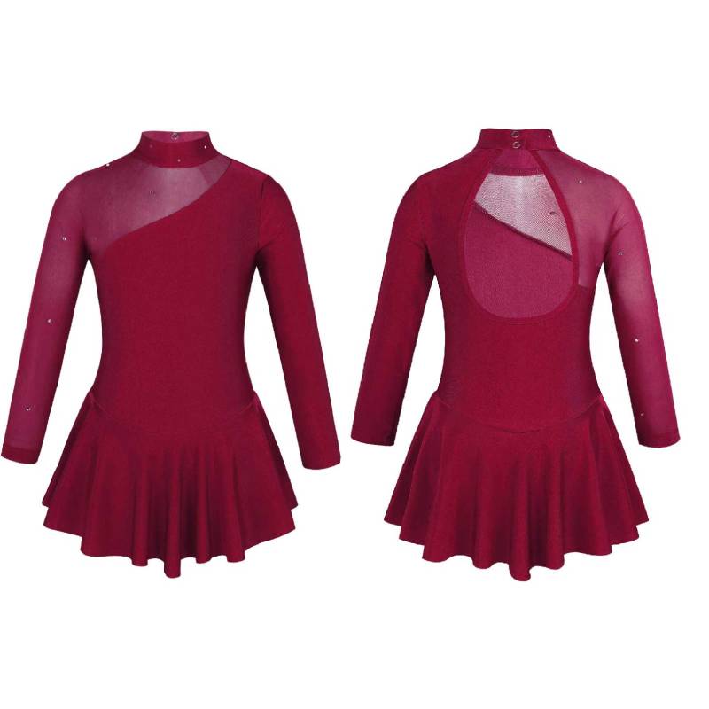 Eiskunstlauf-Kleid für Kinder, lange Ärmel, Stehkragen, Eislauf-Gymnastik-Wettbewerbskostüm 5-6 Years bordeaux von Joom DACH