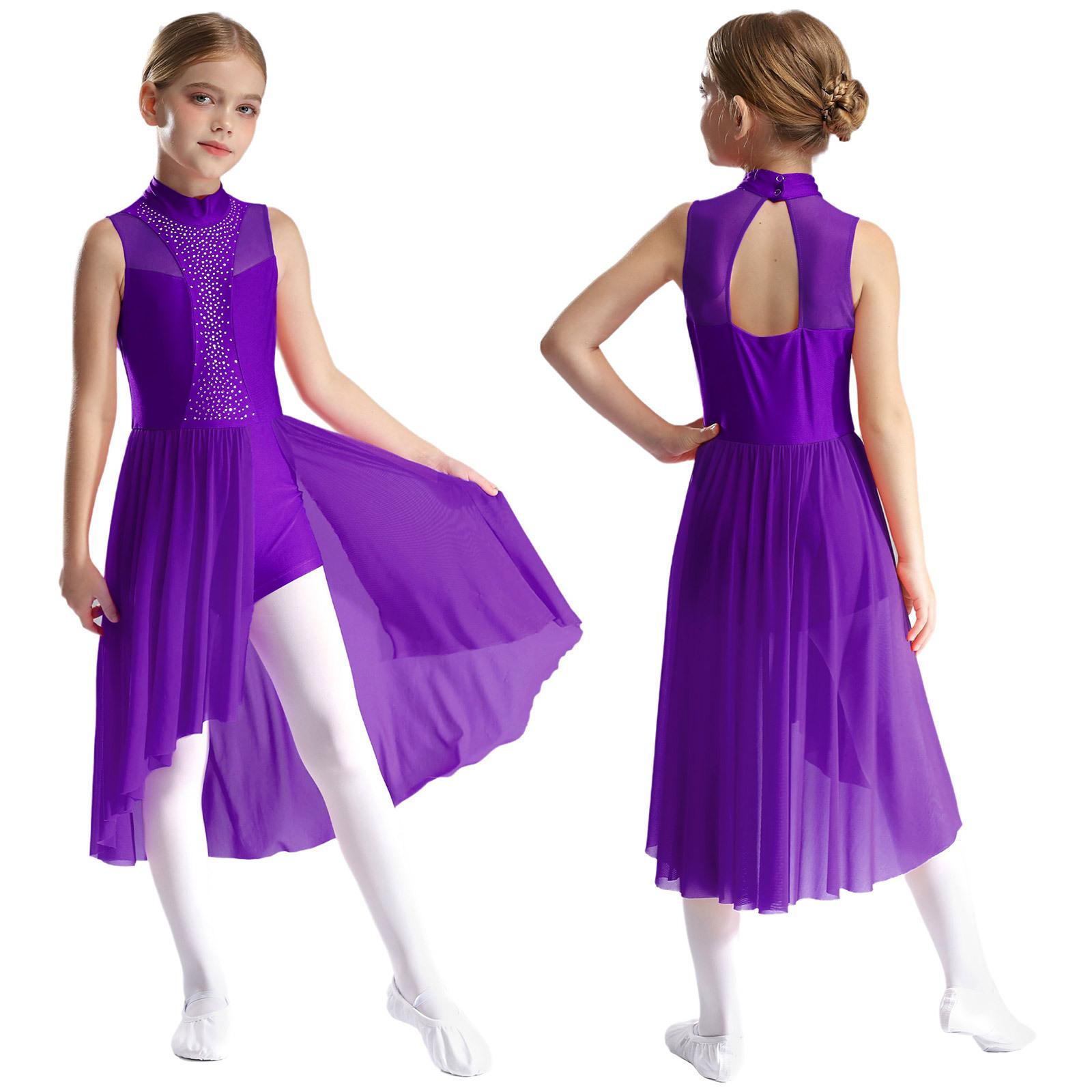 Eiskunstlauf-Tanzkleid für Kinder, Mädchen, ärmellos, Rollkragen, Cut-out auf der Rückseite, geschlitzt, asymmetrischer Saum, glitzernde Strass-Kleider 11-12 Years violett von Joom DACH