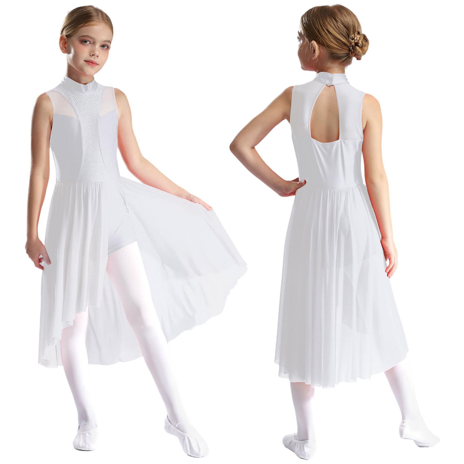 Eiskunstlauf-Tanzkleid für Kinder, Mädchen, ärmellos, Rollkragen, Cut-out auf der Rückseite, geschlitzt, asymmetrischer Saum, glitzernde Strass-Kleider 11-12 Years weiß von Joom DACH