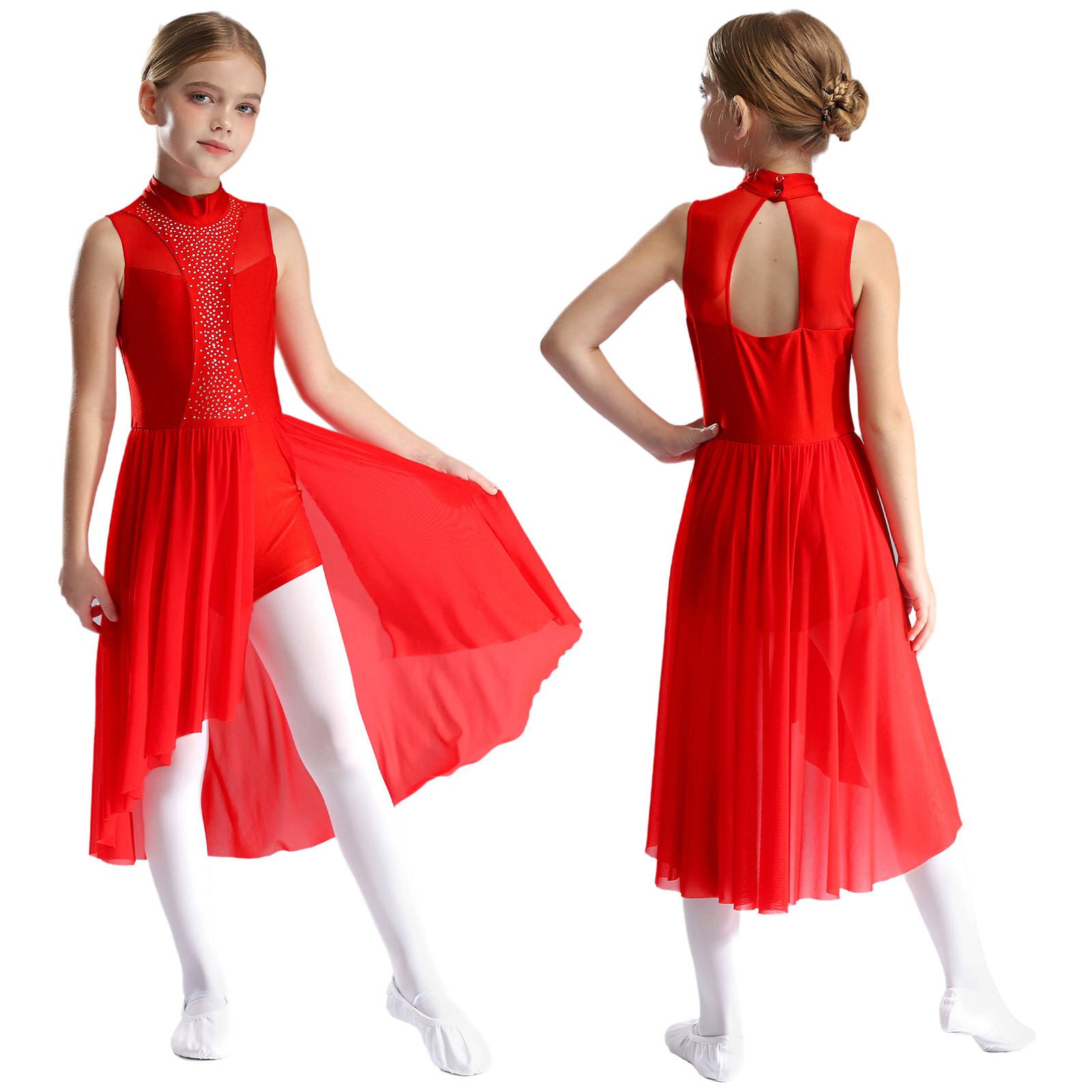 Eiskunstlauf-Tanzkleid für Kinder, Mädchen, ärmellos, Rollkragen, Cut-out auf der Rückseite, geschlitzt, asymmetrischer Saum, glitzernde Strass-Kleider 13-14 Years rot von Joom DACH
