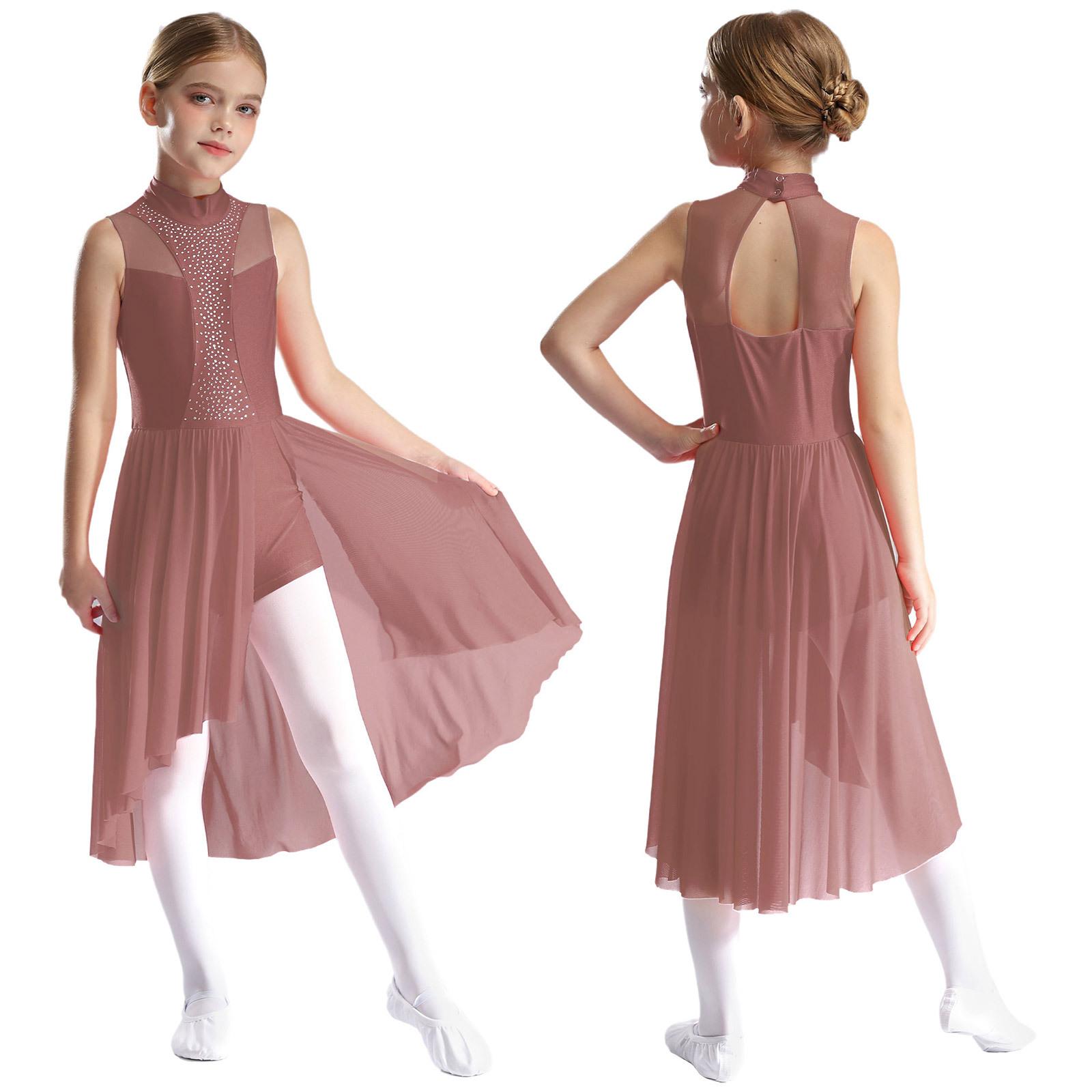 Eiskunstlauf-Tanzkleid für Kinder, Mädchen, ärmellos, Rollkragen, Cut-out auf der Rückseite, geschlitzt, asymmetrischer Saum, glitzernde Strass-Kleider 7-8 Years von Joom DACH