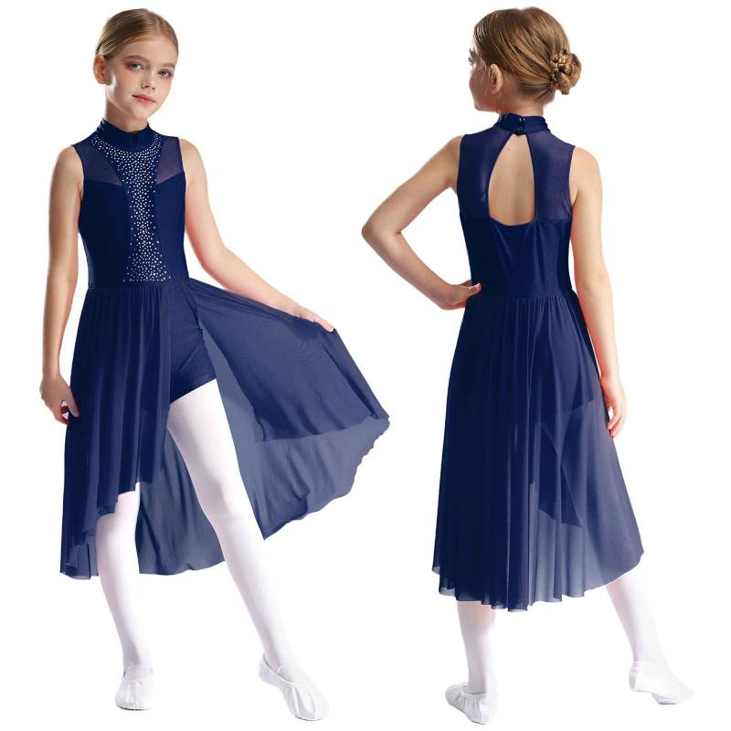 Eiskunstlauf-Tanzkleid für Kinder, Mädchen, ärmellos, Rollkragen, Cut-out auf der Rückseite, geschlitzt, asymmetrischer Saum, glitzernde Strass-Kleider 9-10 Years navy blau von Joom DACH