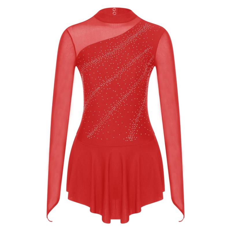 Eiskunstlaufkleid Damen Mädchen Eislaufkleid Strass Langarm Mesh Training Wettbewerb Eislaufbekleidung M rot von Joom DACH