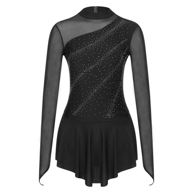 Eiskunstlaufkleid Damen Mädchen Eislaufkleid Strass Langarm Mesh Training Wettbewerb Eislaufbekleidung S schwarz von Joom DACH