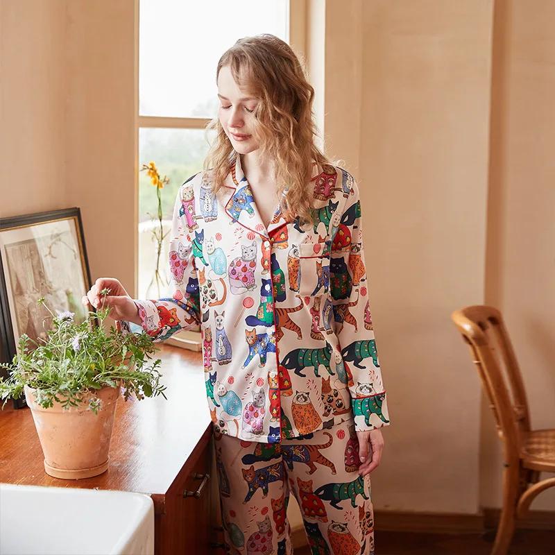 Eisseiden-Pyjama Damen Frühling Neu Langärmliger Cardigan Druck Set Frühling und Herbst Loungewear XL von Joom DACH