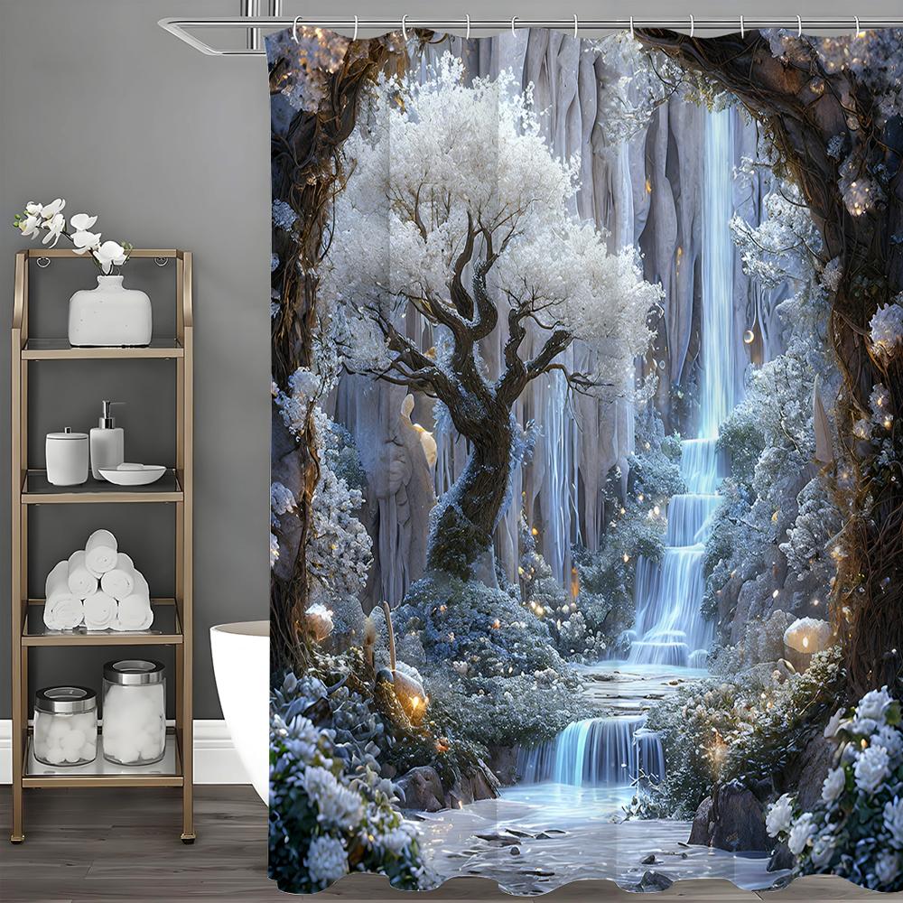 Eiswelt Wasserfall Blume und Baum Duschvorhang, Badezimmer Dekorativer Duschvorhang, Wasserdichter Duschvorhang mit Haken 180*180cm von Joom DACH
