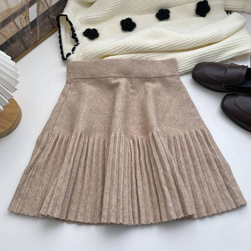 Elastische Hohe Taille Strick Plissee Rock für Frauen Frühling Koreanische Herbst Und Winter Vielseitig Solide Weibliche Tops One Size khaki von Joom DACH