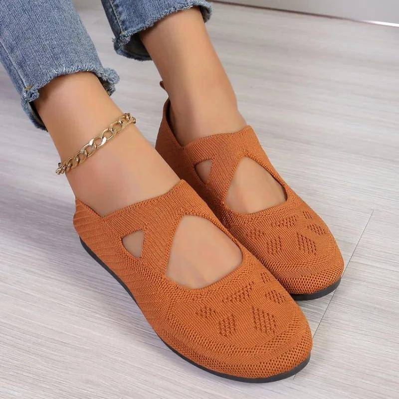 Elastische Strick-Ballerinas für Damen Sommer Atmungsaktive Weiche Slipper Frau Leichte Slip-on Freizeitschuhe Mama Mokassins 42 braun von Joom DACH