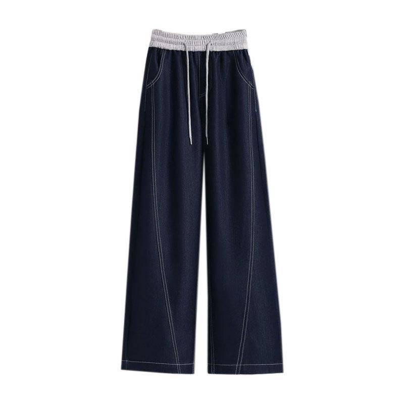 Elastischer Kordelzug High Waist Wide Leg Jeans für Damen Gerades Bein Übergroß Locker Lässige Hose 2XL dunkelblaue von Joom DACH