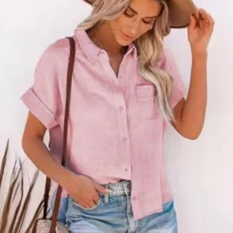 Elegante Blusen für Damen, kurzärmelig, Sommerhemden für Damen, Baumwoll-Leinen-Shirt, kurzärmelige Oberteile für Damen, lässig, 21929 XXL rosa von Joom DACH