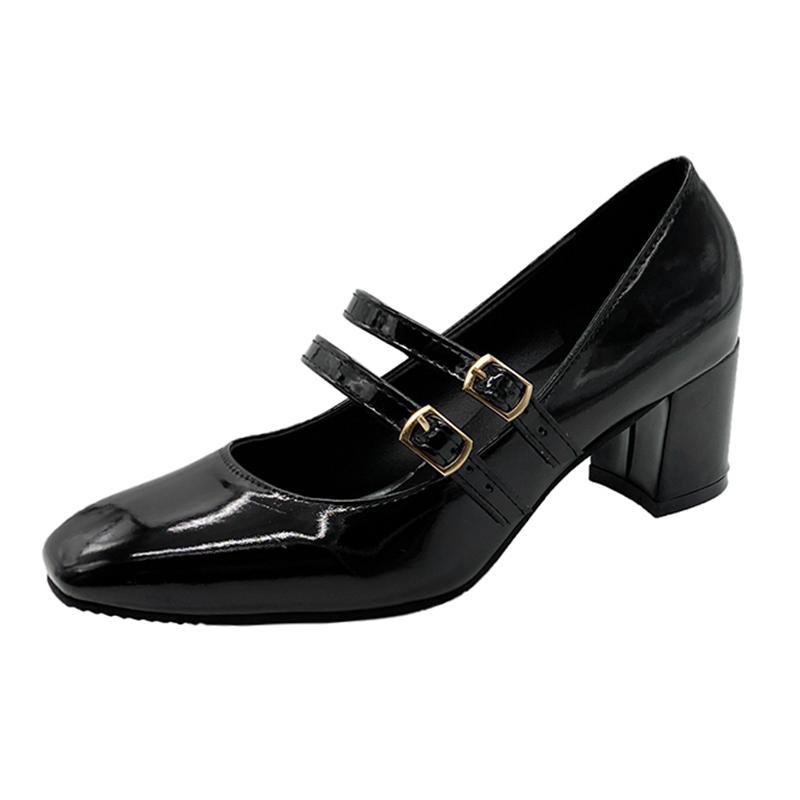 Elegante Damen Chunky Heels Mary Jane Schuhe Square Toe Doppel Knöchelriemen Pumps für Frauen Lackleder High Heels Partyschuhe 36 schwarz von Joom DACH