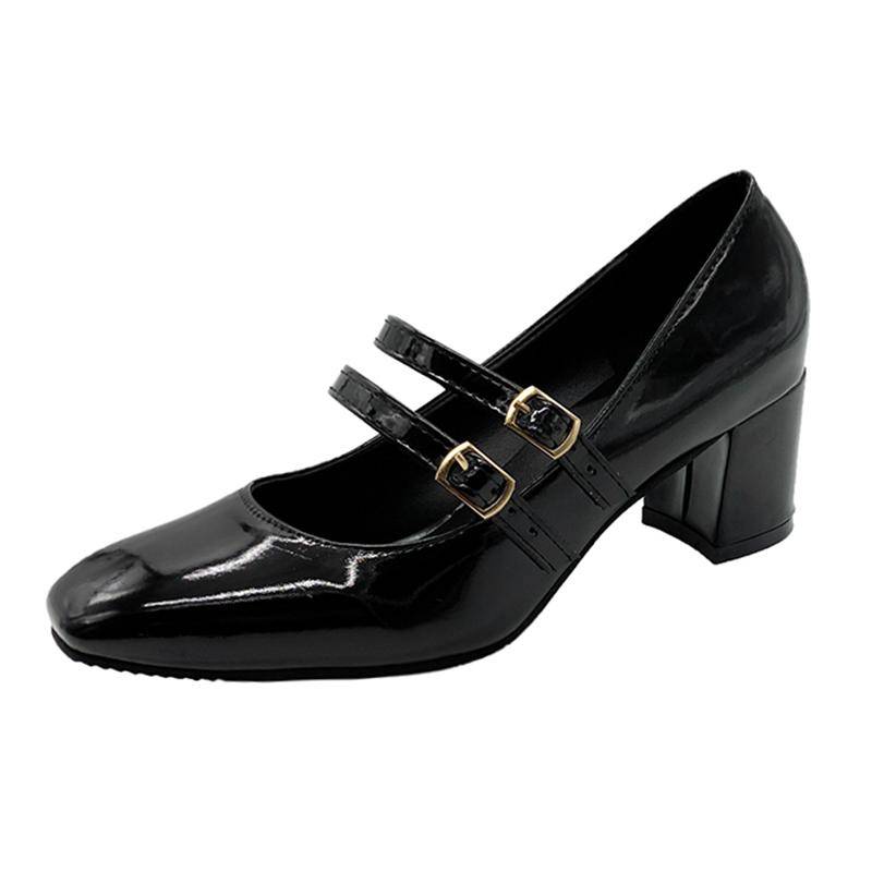 Elegante Damen Chunky Heels Mary Jane Schuhe Square Toe Doppel Knöchelriemen Pumps für Frauen Lackleder High Heels Partyschuhe 36 schwarz von Joom DACH