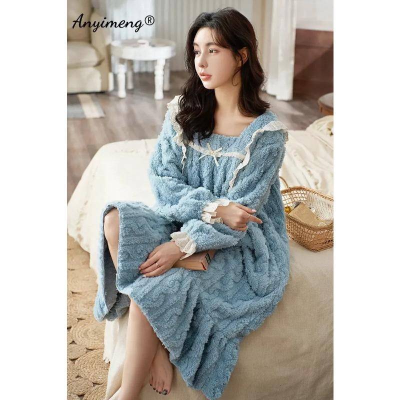 Elegante Damen-Winternachthemden aus Jacquard-Samt mit langen Ärmeln, M-4XL, mittlere Wadenlänge, Thermo-Nachthemd für Damen in Übergröße 3XL von Joom DACH