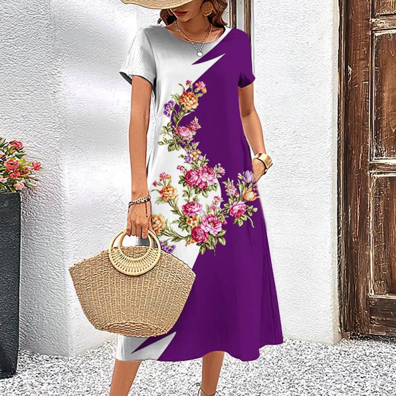 Elegante Damenkleider Mode Frauen Kurzarm Top Lässig Damen Lose A-Linie Kleid Pullover Einfachheit Blumen Kleidung 6XL von Joom DACH