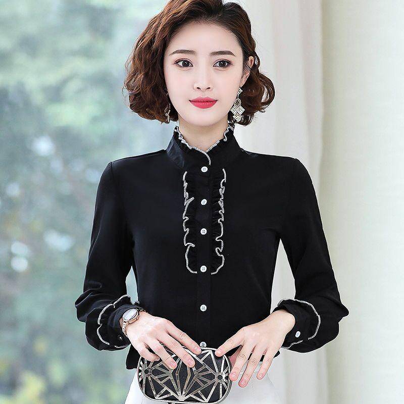 Elegante Frauen Hemd Koreanische Bluse Büro Spitze Langarm Rüschen V-ausschnitt Tops Casual Vintage Pullover XXXL schwarz von Joom DACH