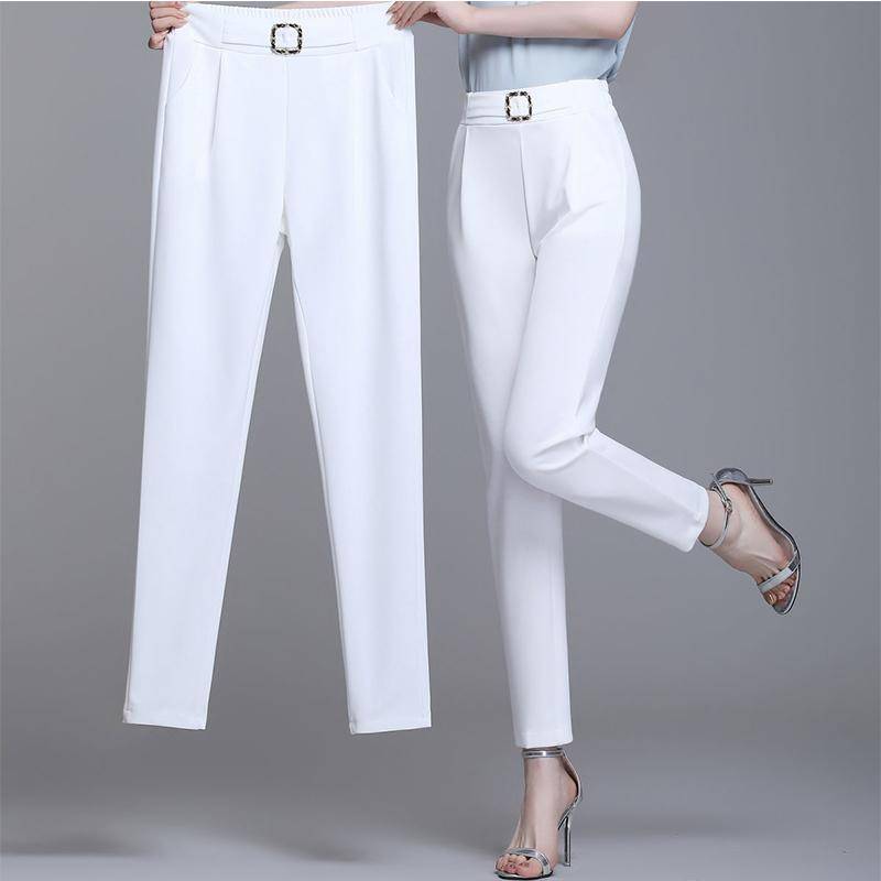 Elegante Hohe Taille Elastische Harem Hosen für Frauen Pendler Casual Capri Hosen Mode Einfarbig Taschen Schärpen Hosen 4XL 2XL weiß von Joom DACH