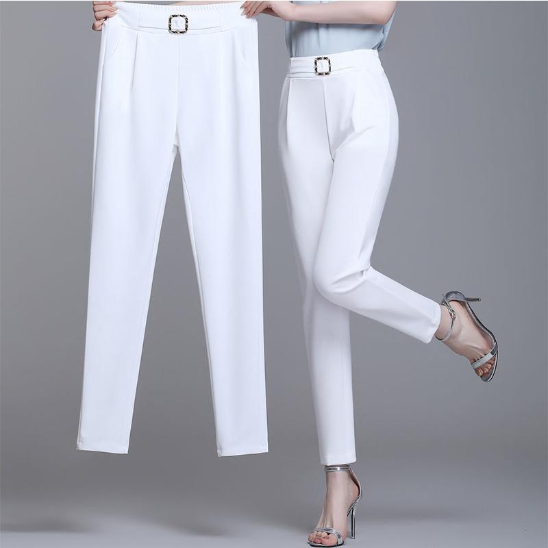 Elegante Hohe Taille Elastische Harem Hosen für Frauen Pendler Casual Capri Hosen Mode Einfarbig Taschen Schärpen Hosen 4XL XL weiß von Joom DACH