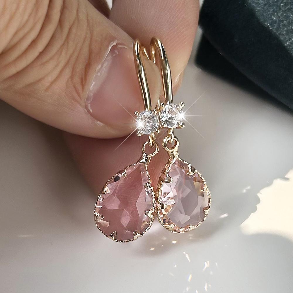 Elegante Kristall-Wassertropfen-Ohrringe für Frauen und Mädchen, Farbe Gold, Temperament, Hochzeit, Verlobung, edler Schmuck rosa von Joom DACH