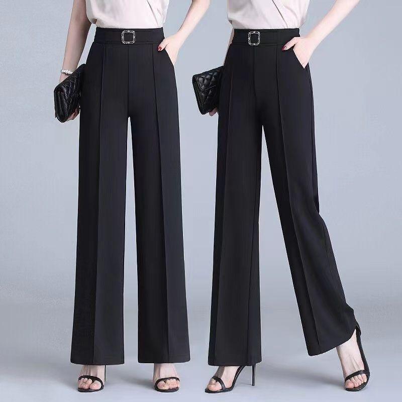 Elegante Mode Büro Dame Gürtel Gerader Anzug Hose Damen Frühling Sommer Hohe Taille Taschen All Match Weitbeinige Hose 4XL L schwarz von Joom DACH