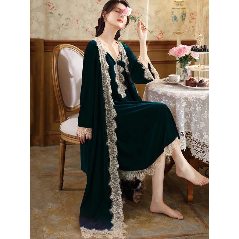 Elegante Nachtwäsche Spitze V-Ausschnitt Samt Nachthemd Bademäntel für Damen Zweiteilig Herbst Winter Nachtwäsche Vintage Prinzessin Nachthemden XL grün von Joom DACH