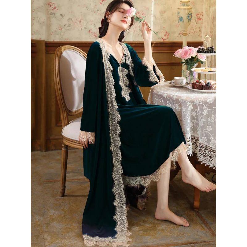 Elegante Nachtwäsche Spitze V-Ausschnitt Samt Nachthemd Bademäntel für Damen Zweiteilig Herbst Winter Nachtwäsche Vintage Prinzessin Nachthemden XL grün von Joom DACH