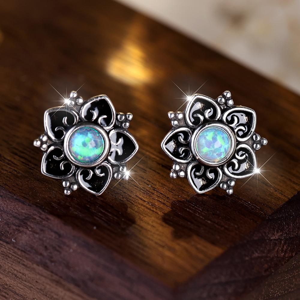 Elegante Ohrstecker mit echten 925er Sterlingsilberblumen für Frauen, Vintage-Ohrschmuck mit Opalstein für Partys silber von Joom DACH
