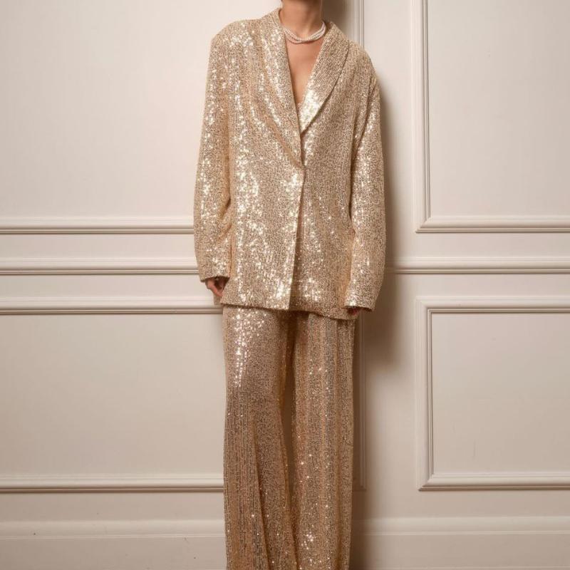 Elegante Paillettenjacke mit Hose, 2-teiliges Outfit für Damen, glänzend, Revers mit einem Knopf, langärmeliger Mantel, weite Hose, neu im passenden Anzug XL gold von Joom DACH
