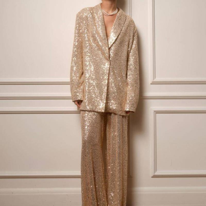 Elegante Paillettenjacke mit Hose, 2-teiliges Outfit für Damen, glänzend, Revers mit einem Knopf, langärmeliger Mantel, weite Hose, neu im passenden Anzug XL gold von Joom DACH