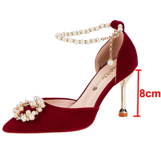 Elegante Perlenkrone Brautschuhe Damen String Bead Knöchelriemen Dünne Absätze Pumps Frau Flock Spitz High Heels Hochzeitsschuhe 35 von Joom DACH