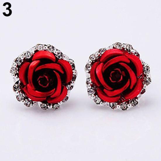 Elegante Rose Blume Strass Ohrstecker Clip Ohrringe Frauen Piercing Schmuck rot von Joom DACH