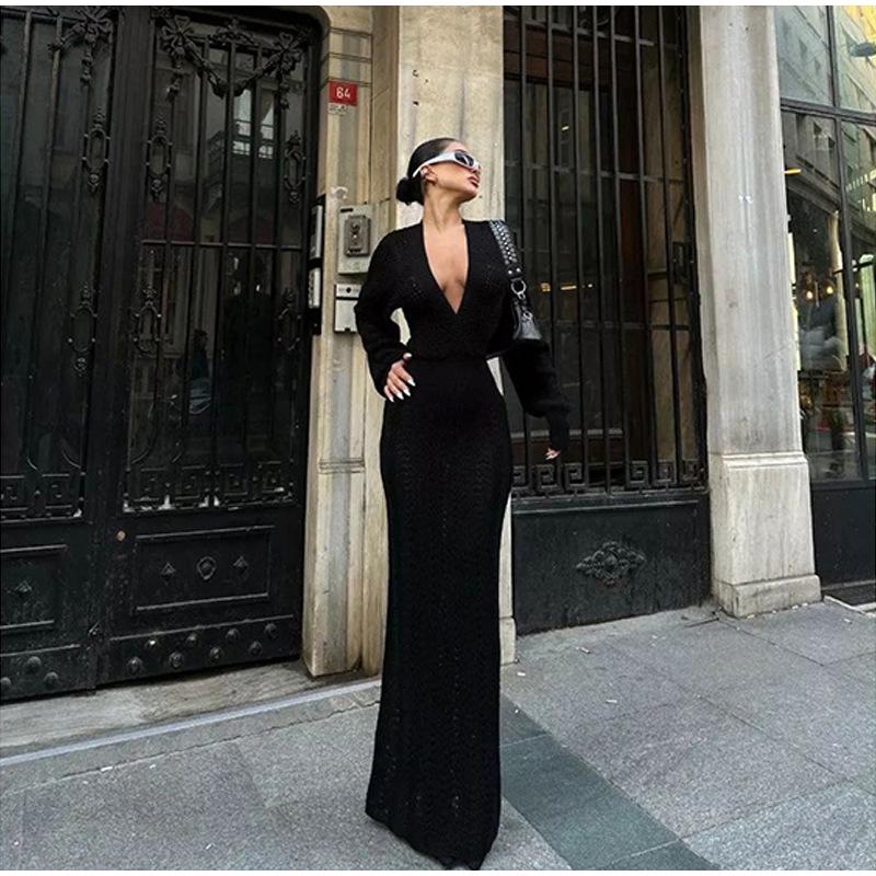 Elegante gestrickte Maxikleider für Damen, Sommer, Langarm, V-Ausschnitt, ausgehöhltes langes Kleid, schicke Abend-, Party- und Strandkleider L schwarz von Joom DACH