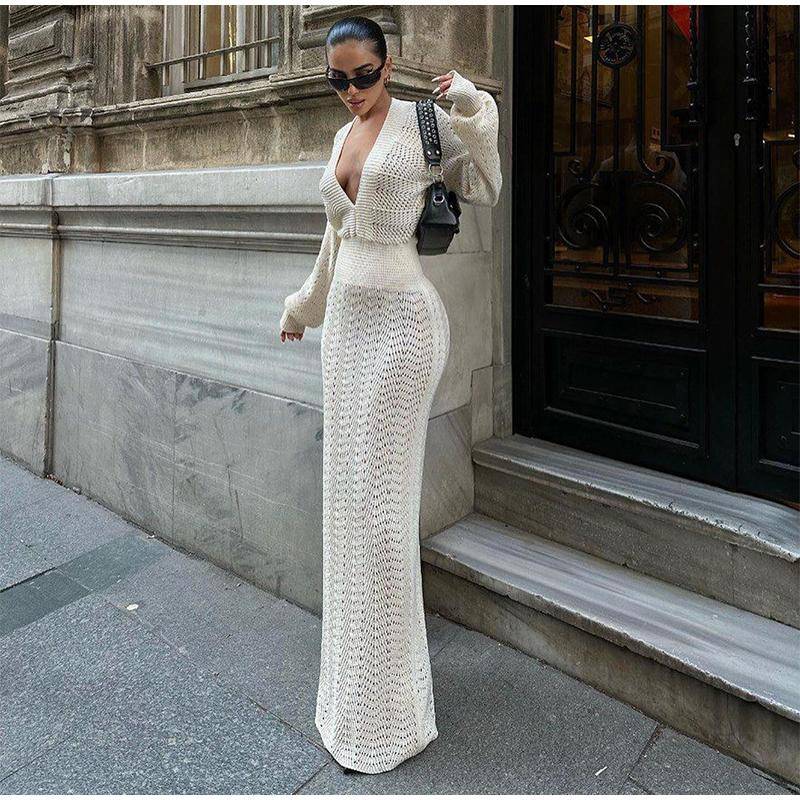 Elegante gestrickte Maxikleider für Damen, Sommer, Langarm, V-Ausschnitt, ausgehöhltes langes Kleid, schicke Abend-, Party- und Strandkleider S weiß von Joom DACH