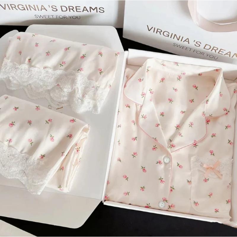 Eleganter Blumenprint Dreiteiliger Pyjama für Damen Simulierte Seide Klassisch Damen Freizeit Lounge Neu Frühling Damen Nachtwäsche XL von Joom DACH
