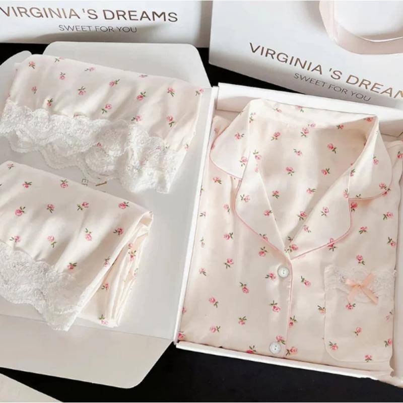 Eleganter Blumenprint Dreiteiliger Pyjama für Damen Simulierte Seide Klassisch Damen Freizeit Lounge Neu Frühling Damen Nachtwäsche XL von Joom DACH