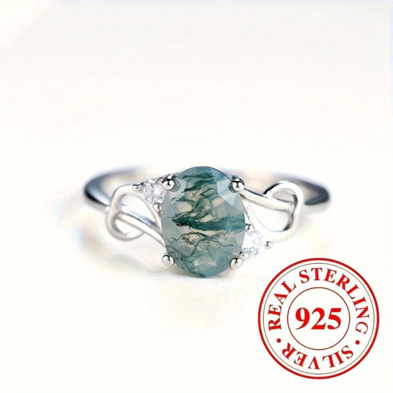 Eleganter S925 Sterlingsilber Ovaler Natürlicher Wassergras-Achat Verlobungsring für Damen Ehering Schmuck Geschenk 6 von Joom DACH