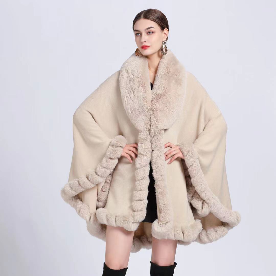 Eleganter V-Revers-Faux-Rex-Kaninchen-Pelz-Mantel-Umhang-Winter-Frauen-großer langer Schal-voller Trim-Pelz-Strickmantel-Mantel-großer Parka One size beige von Joom DACH