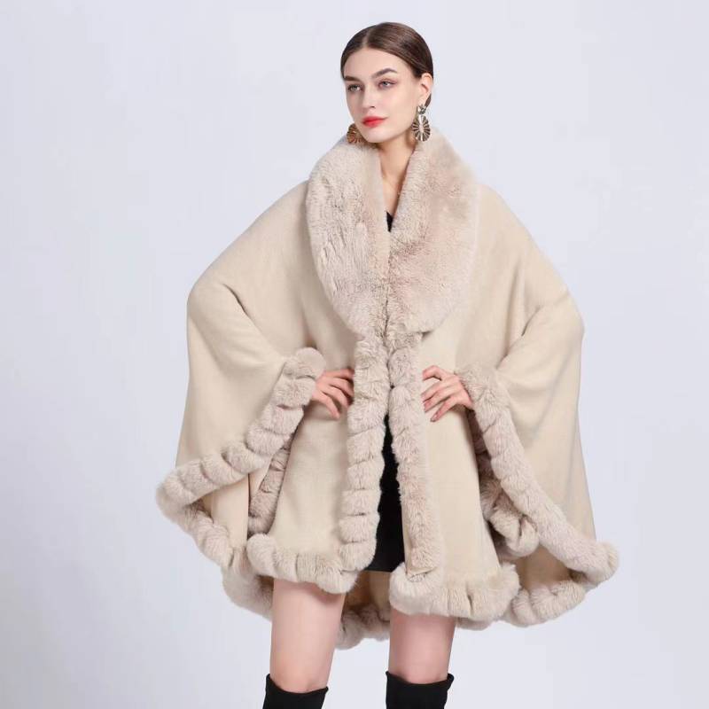 Eleganter V-Revers-Faux-Rex-Kaninchen-Pelz-Mantel-Umhang-Winter-Frauen-großer langer Schal-voller Trim-Pelz-Strickmantel-Mantel-großer Parka One size beige von Joom DACH