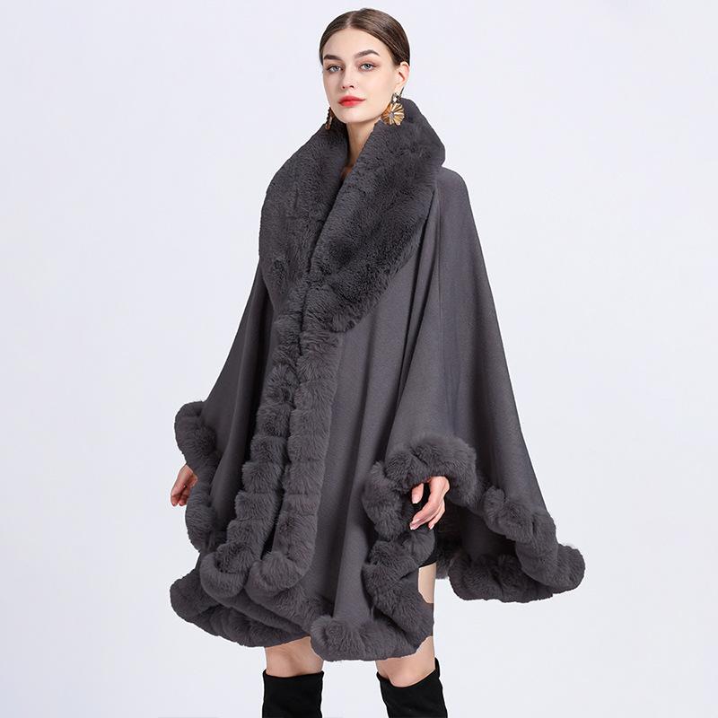 Eleganter V-Revers-Faux-Rex-Kaninchen-Pelz-Mantel-Umhang-Winter-Frauen-großer langer Schal-voller Trim-Pelz-Strickmantel-Mantel-großer Parka One size dunkelgraue von Joom DACH