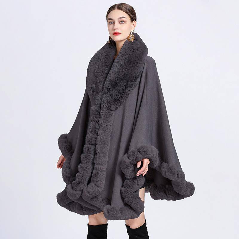Eleganter V-Revers-Faux-Rex-Kaninchen-Pelz-Mantel-Umhang-Winter-Frauen-großer langer Schal-voller Trim-Pelz-Strickmantel-Mantel-großer Parka One size dunkelgraue von Joom DACH